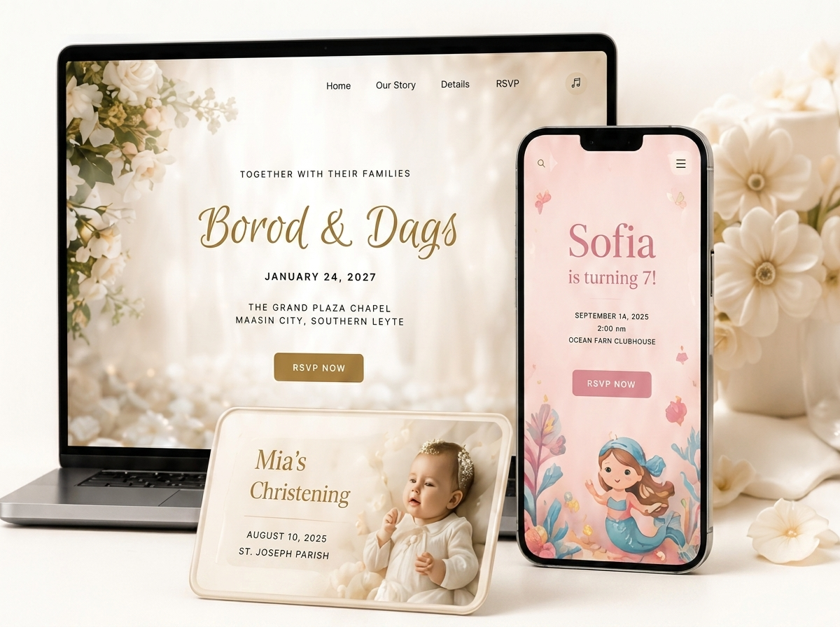 Invited event websites shown on a laptop, phone and tablet