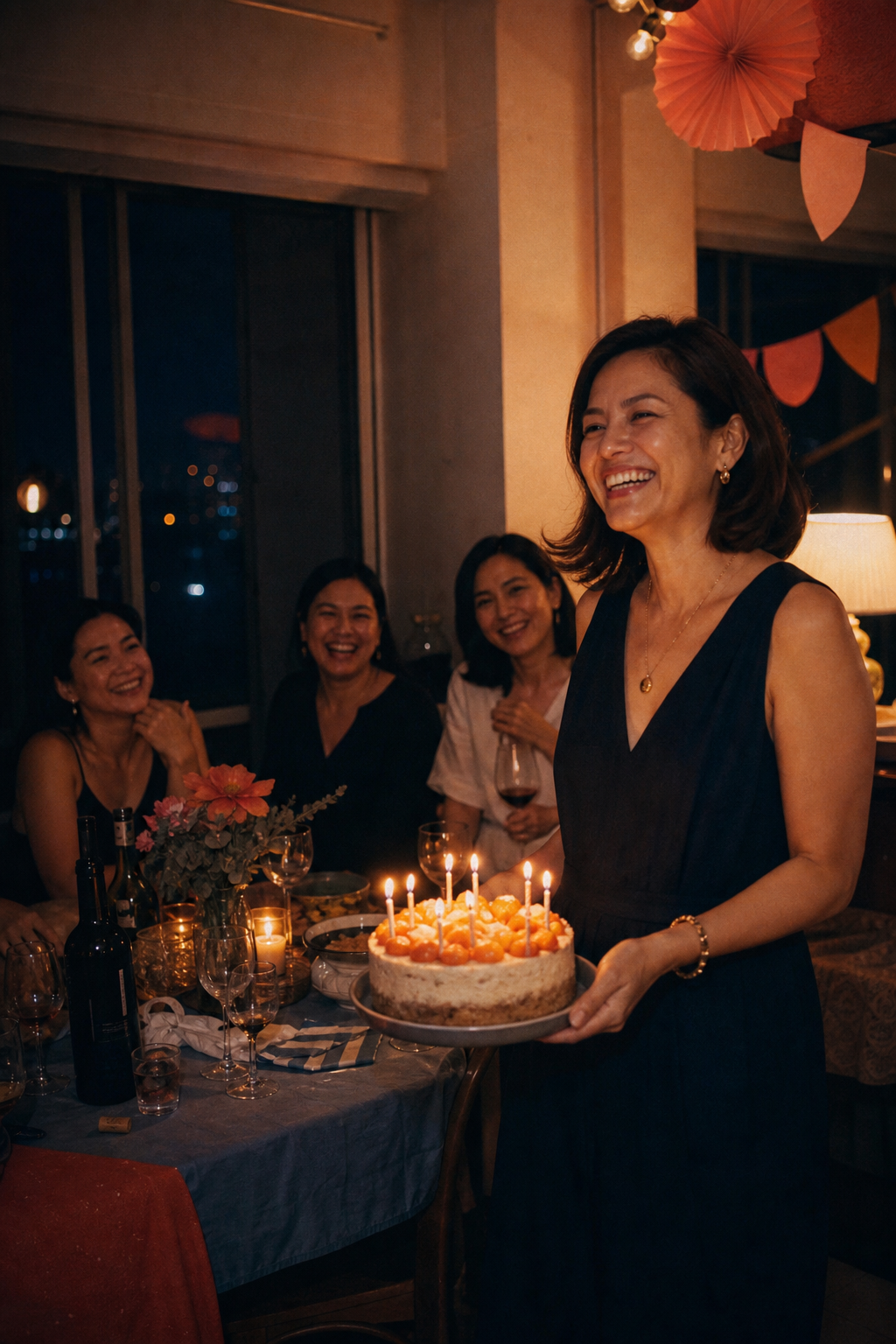 Mika holding a birthday cake with friends at an apartment dinner party