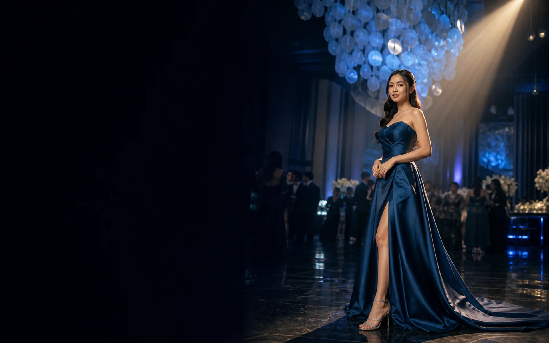 Elena in a midnight blue debut gown