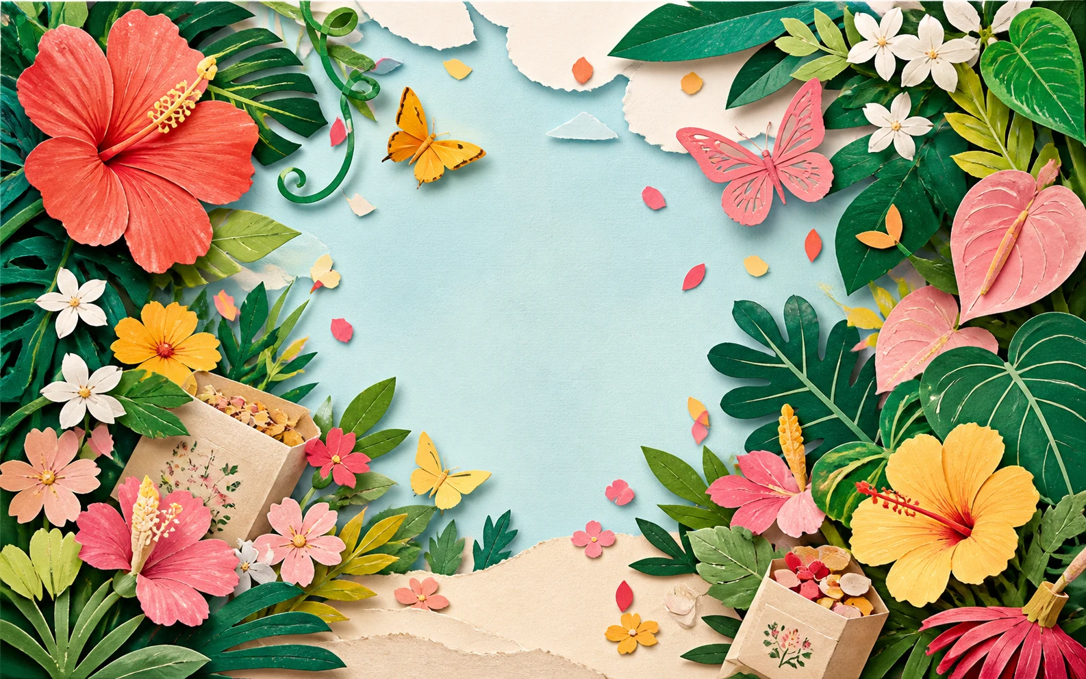 Paper-cut tropical wildflower garden