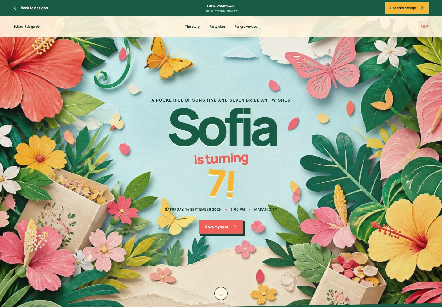 Little Wildflower kids' party template homepage