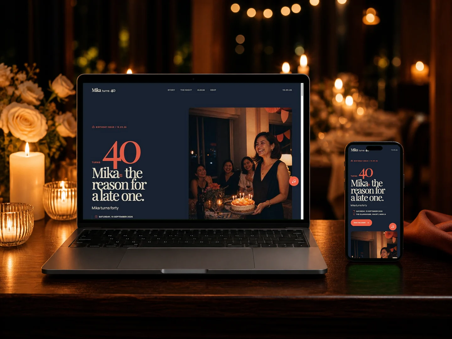 After Hours birthday template shown on laptop and phone