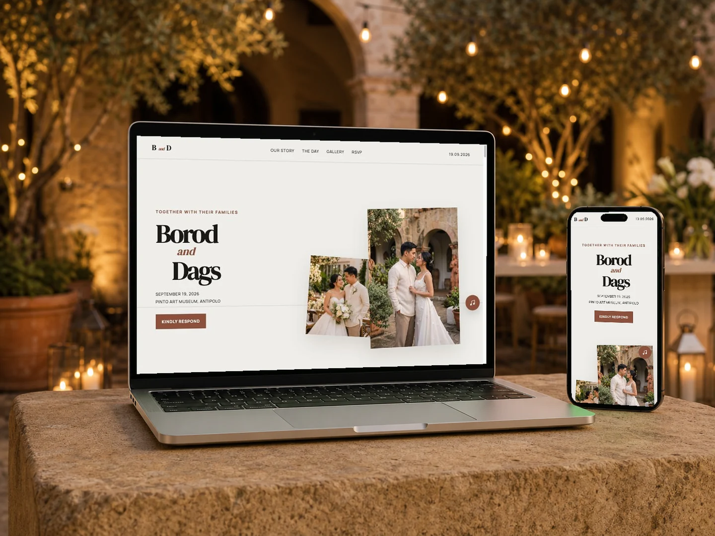 Afterglow wedding template shown on laptop and phone