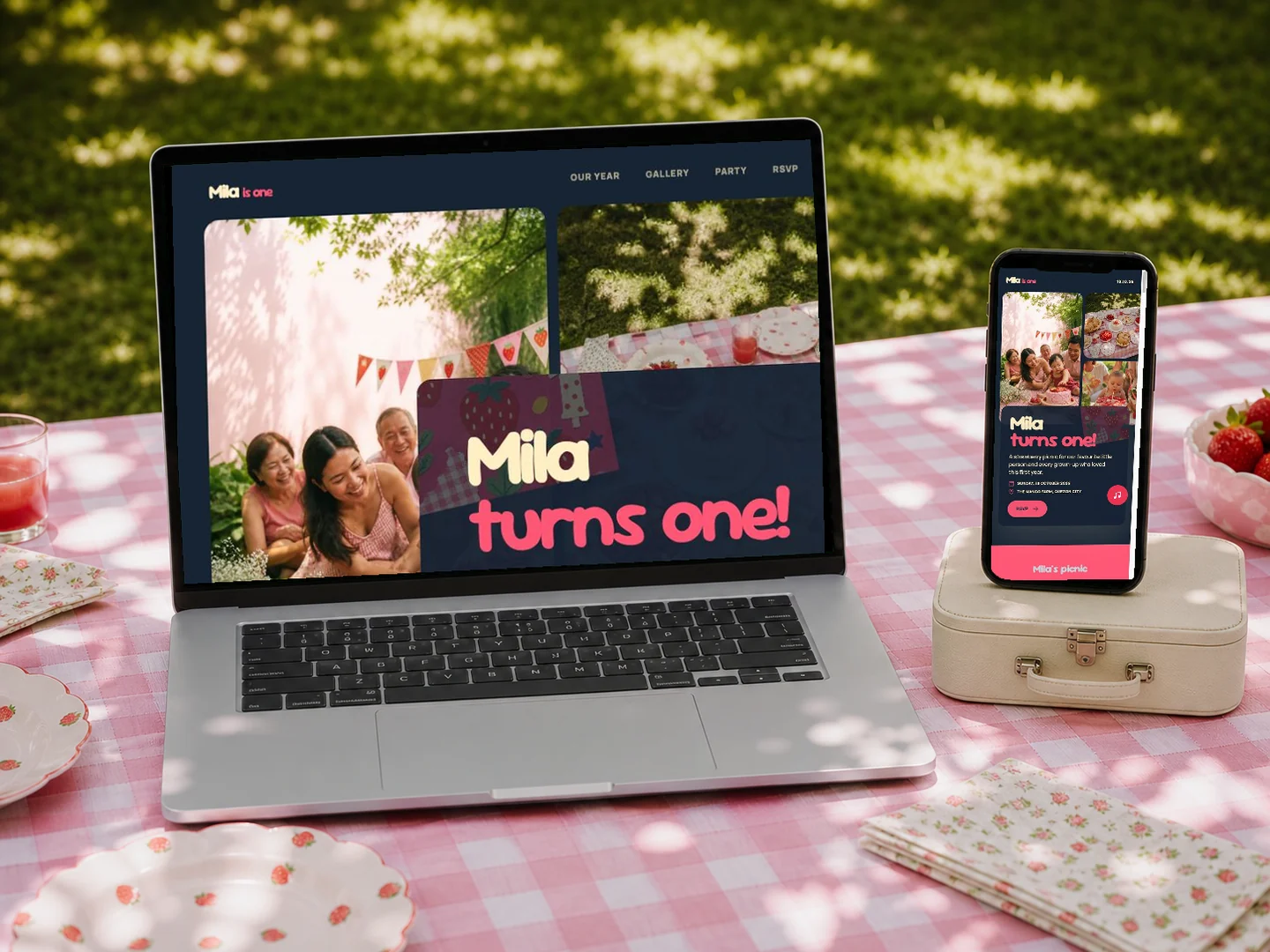 Berry Picnic kids' birthday template shown on laptop and phone