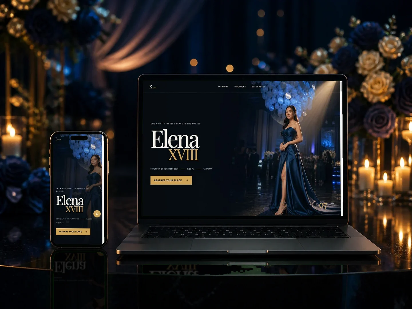 Golden Eighteen debut template shown on laptop and phone
