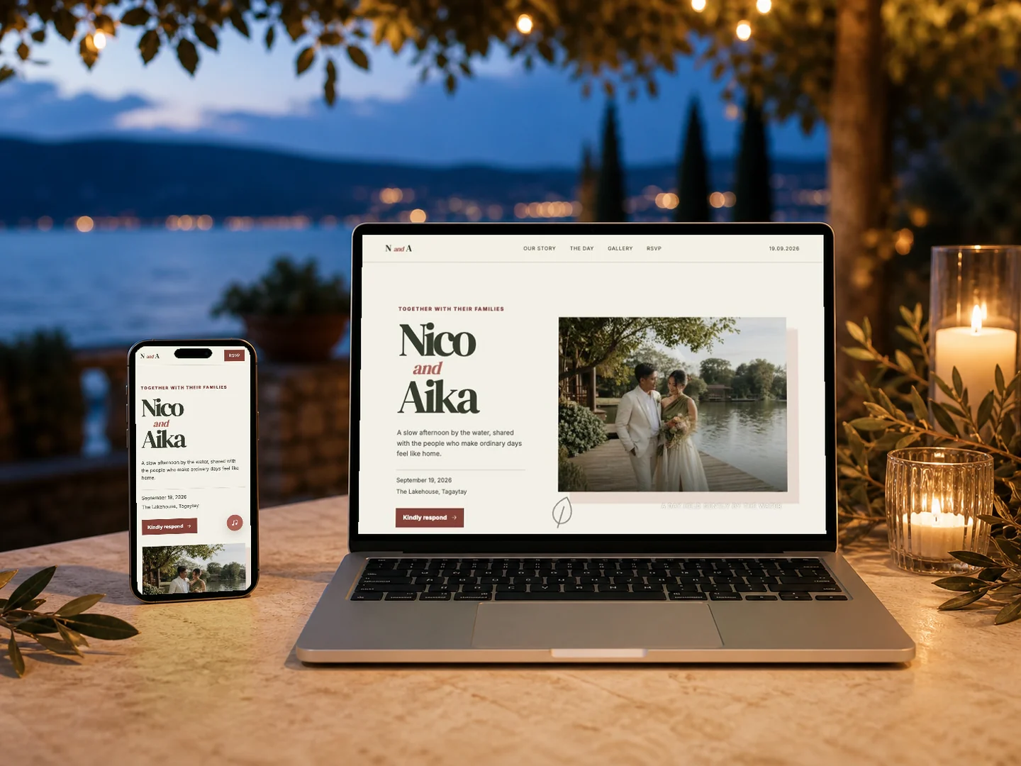 Lakehouse Reverie wedding template shown on laptop and phone