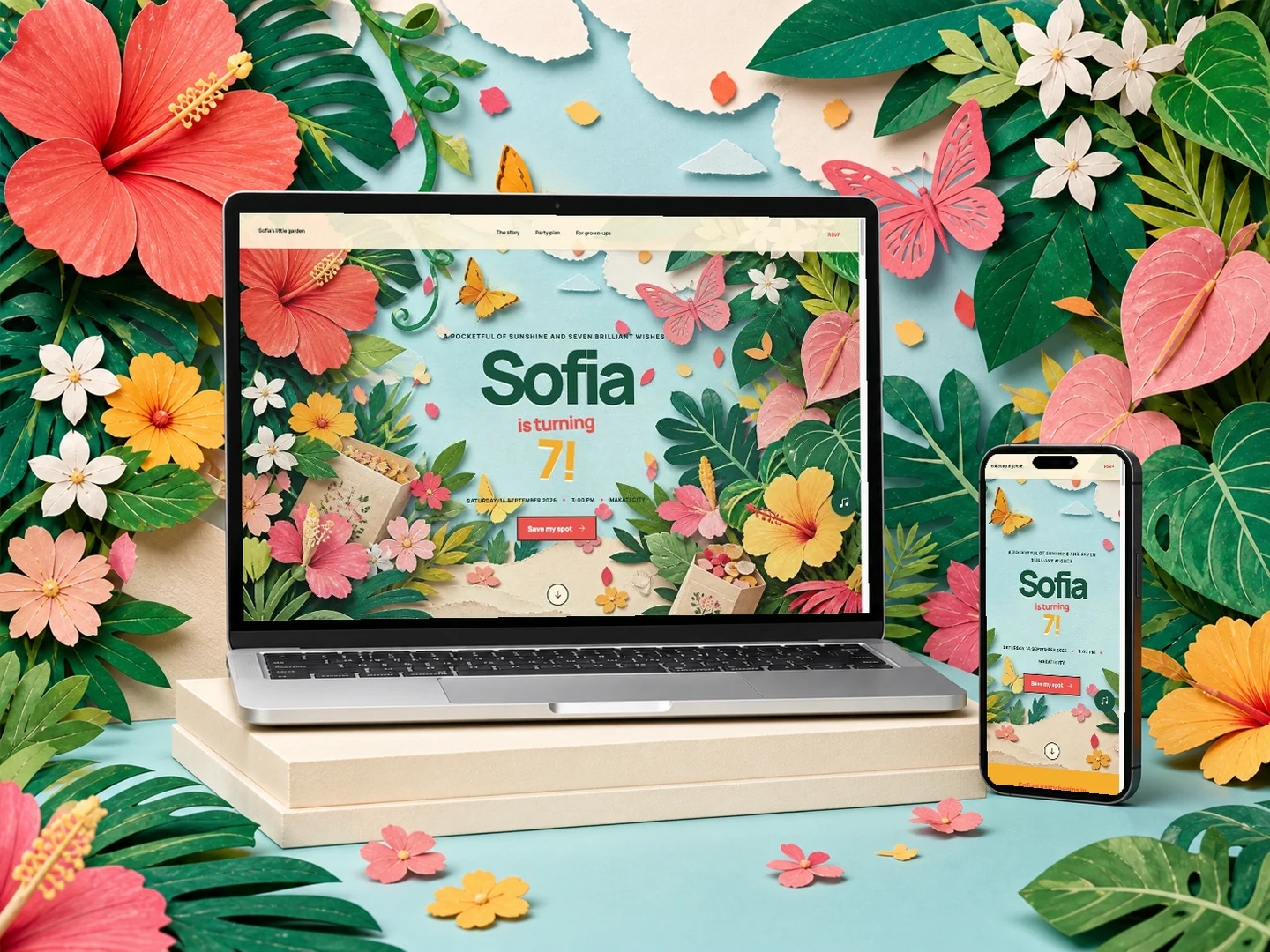 Little Wildflower kids' party template shown on laptop and phone