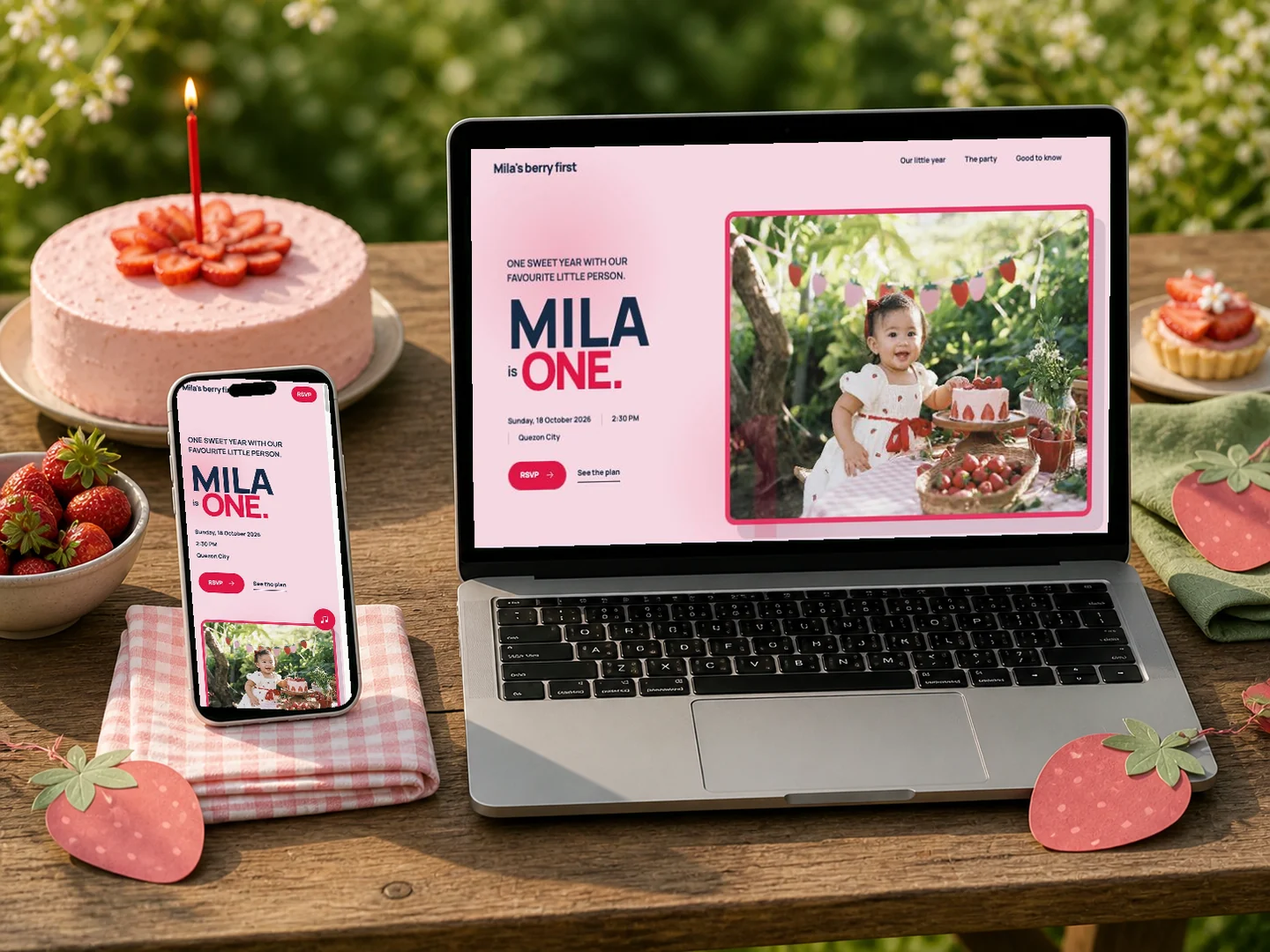 Strawberry First kids' birthday template shown on laptop and phone