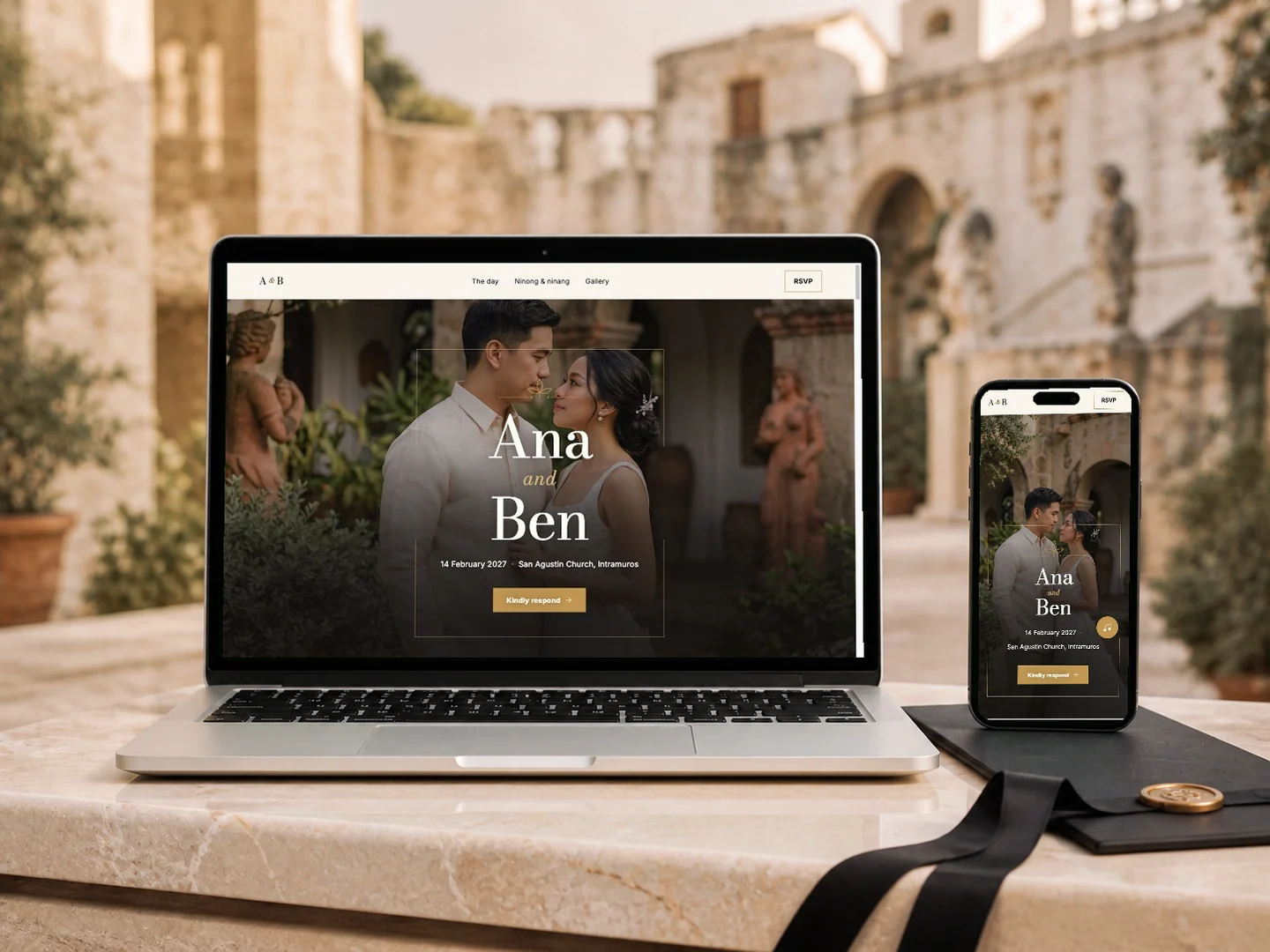 Timeless Romance wedding template shown on laptop and phone