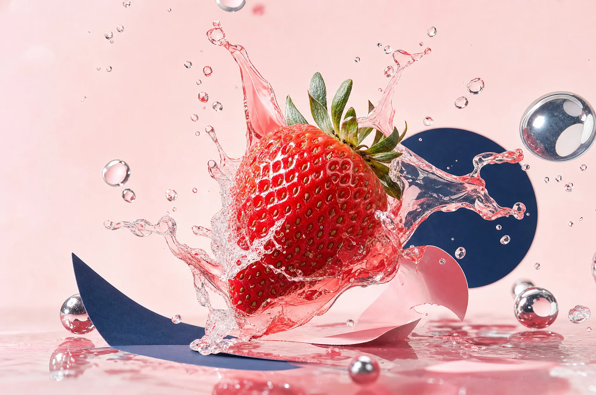 A ripe strawberry splashing through sparkling strawberry juice