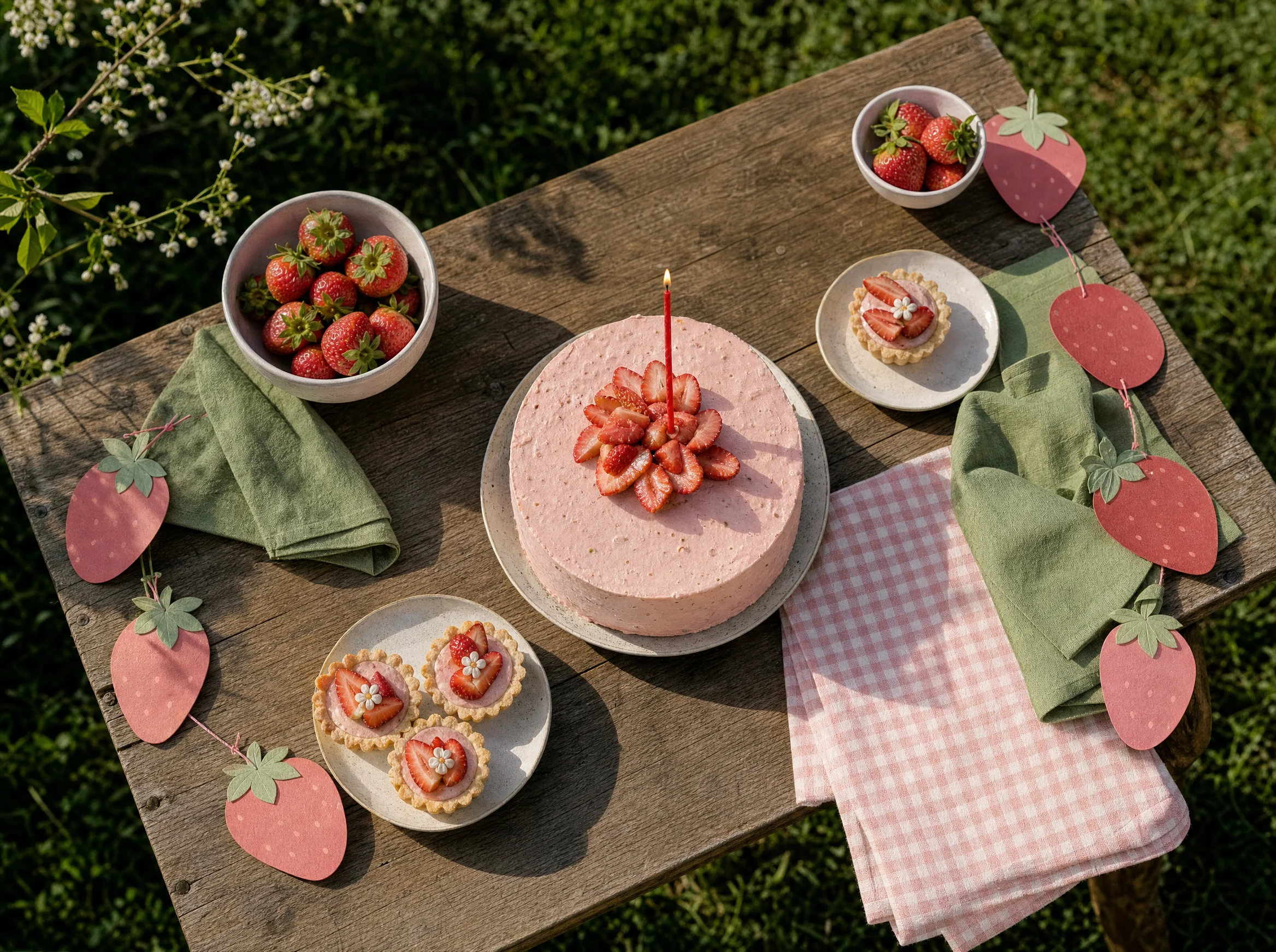 A strawberry birthday cake and merienda table in the garden